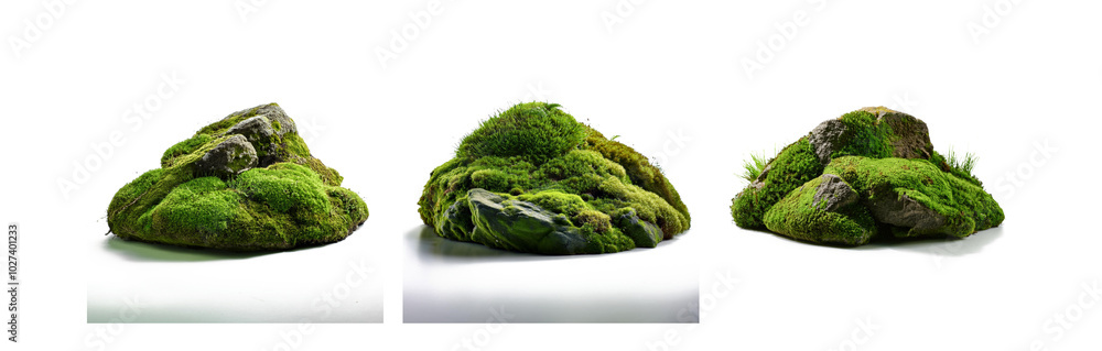 Poster Three moss covered rocks are arranged in a row against a white background.