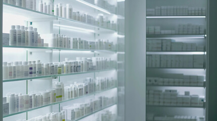 Pharmacy Interior with Shelves of Bottles and Medicine  
