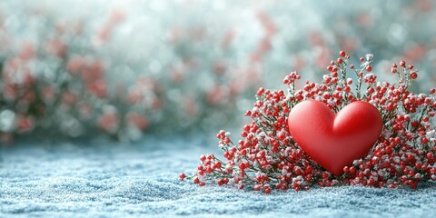Fototapeta premium A vibrant red heart rests amid clusters of small, pastel flowers, creating a romantic atmosphere.