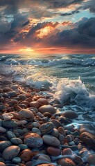Obraz premium Stunning beach scene pebbles and smooth stones amidst stormy waves and sunset reflections