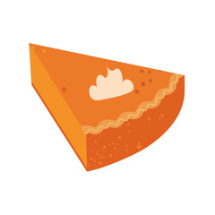 Cut piece of pumpkin pie isolated on white background. Traditional October baking. Vector.