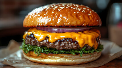 Delicious gourmet hamburger with meat, bacon, cheddar, tomato, lettuce, special sauce, onion and pickles ready to eat