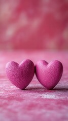 Fototapeta premium Two pink heart-shaped decorations rest side by side on a soft pink textured surface. The gentle hues and smooth textures create a romantic and cheerful atmosphere, perfect for celebrating love or spec