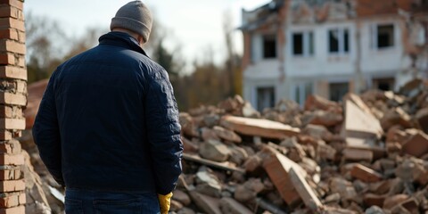 Fototapeta premium The scene features a man dressed in winter attire observing the ruins of a collapsed building, conveying themes of loss, resilience, and contemplation.