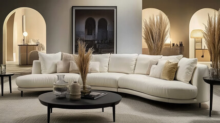 Modern Comfortable Living Room with Off-White Curved Sofa and Arch Decor