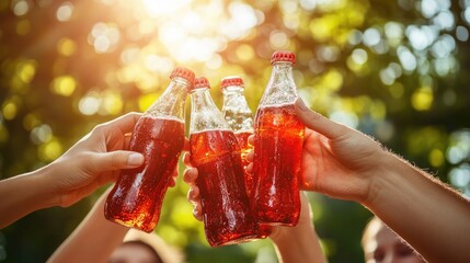 Friends Clinking Soda Bottles in Bright Outdoor Setting