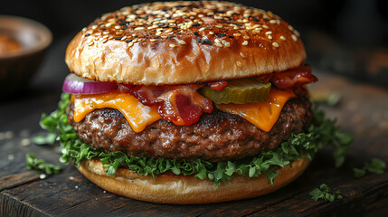 Delicious gourmet hamburger with meat, bacon, cheddar, tomato, lettuce, special sauce, onion and pickles ready to eat