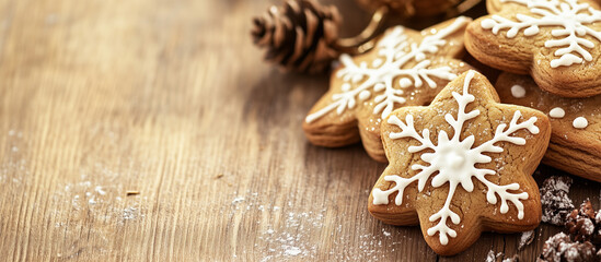 Fototapeta premium Homemade gingerbread cookies on wooden background, banner with space for text