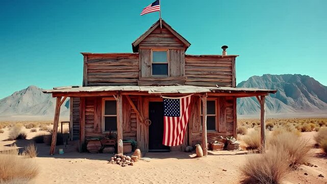 Old Wooden House with American Flags in a Desert Landscape