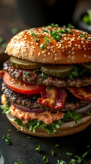 Delicious gourmet hamburger with meat, bacon, cheddar, tomato, lettuce, special sauce, onion and pickles ready to eat