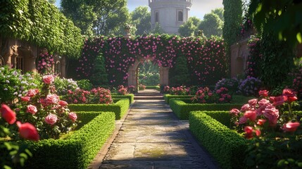 Fototapeta premium Lush Garden Pathway with Blooming Roses