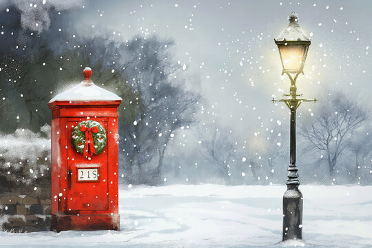 illustration, red mailbox with Christmas wreath, next to an old English street lamppost in the snow, white background, Christmas card