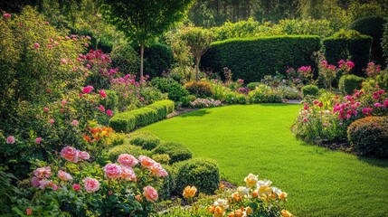 Obraz premium Lush Garden with Vibrant Roses in Full Bloom