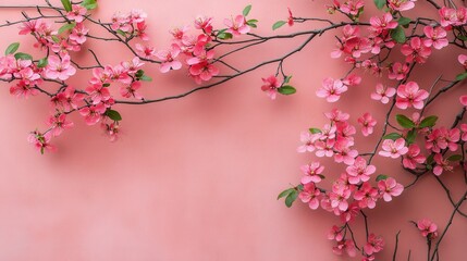 Fototapeta premium The soft pink background is adorned with delicate cherry blossom branches, showcasing vibrant blooms and fresh green leaves.