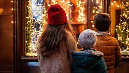 Children looking at Christmas shop window display at night