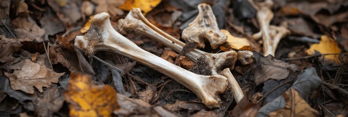 A collection of weathered animal bones is scattered on a forest floor, surrounded by fallen autumn leaves, evoking a sense of mystery and the passage of time.
