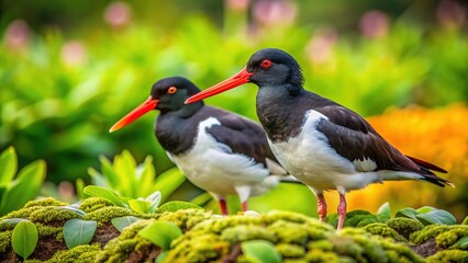 Black and White Oystercatcher Birds in Lush Greenery - Macro Photography