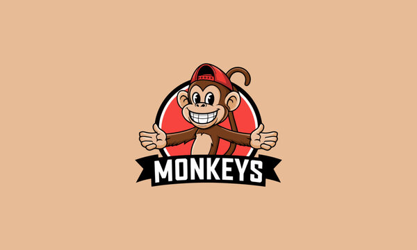Cheerful monkey in a red cap logo with open arms.