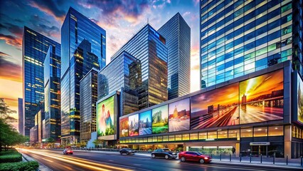 Fototapeta premium Billboards on Modern Architecture: A Panoramic View of Urban Advertising
