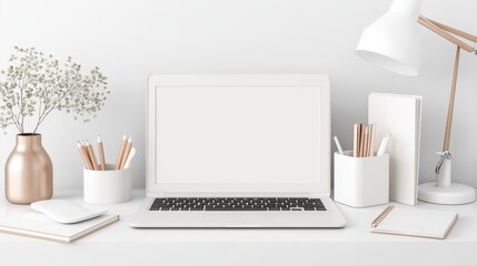 Neatly organized minimalist desk featuring eco-friendly recycled stationery and a sleek laptop, promoting a sustainable workspace