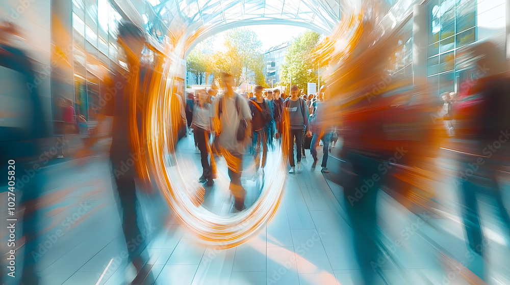 Poster academic energy flow blurred students merging with swirling knowledge streams campus setting dynamic