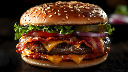 Delicious gourmet hamburger with meat, bacon, cheddar, tomato, lettuce, special sauce, onion and pickles ready to eat