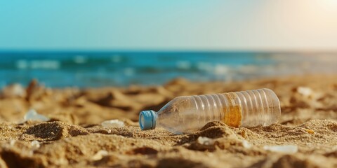 Obraz premium A lone plastic bottle sits discarded on a sunny, sandy beach, highlighting environmental concerns regarding pollution, waste, and the need for ecological responsibility.
