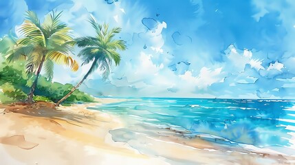 Obraz premium A watercolor painting of a tropical beach with palm trees and a bright blue sky.