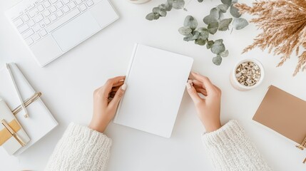 Obraz premium Organized minimal desk decorated with recycled paper products promoting sustainability and eco-friendliness in a modern workspace