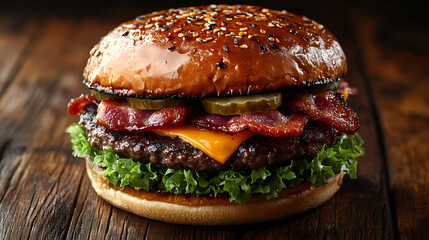 Delicious gourmet hamburger with meat, bacon, cheddar, tomato, lettuce, special sauce, onion and pickles ready to eat