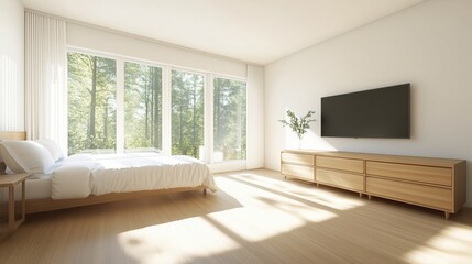 Fototapeta premium Bright and airy bedroom with large windows and modern decor, serene and inviting feel.
