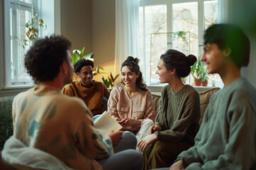 Group of young friends casually talking in a cozy living room with natural light, surrounded by plants and comfortable seating.