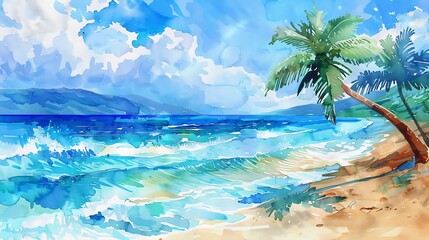 A watercolor painting of a tropical beach scene.