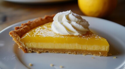 A slice of lemon tart with whipped cream and powdered sugar.