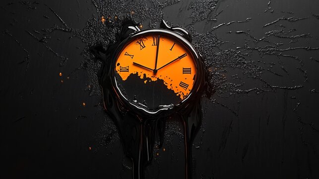 A melting clock set against a black background, illuminated by an orange backlight that enhances the surreal effect. 