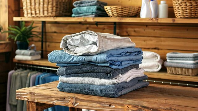 A stack of folded towels sits on a wooden table in a laundry room