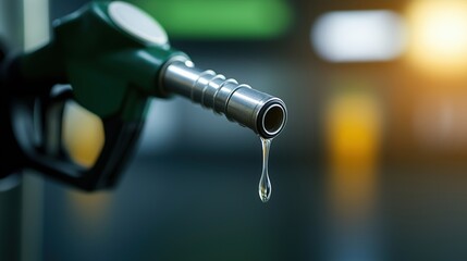 Fuel nozzle with dripping gasoline, blurred background.