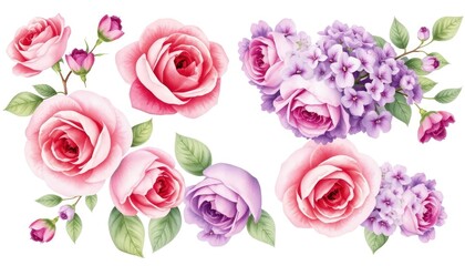 Set of roses and lilac flowers on isolated white background, watercolor illustration for design, print, and fabric AI Generate