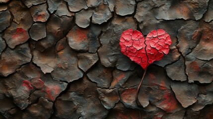 A vibrant red heart-shaped leaf stands out against a backdrop of cracked, earthy textures. This striking contrast illustrates the resilience of love and hope amid challenging environmental conditions.