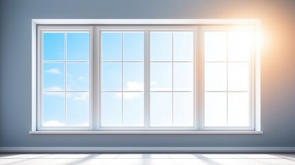 Fototapeta premium Large window with sunlight and clouds, modern interior design.