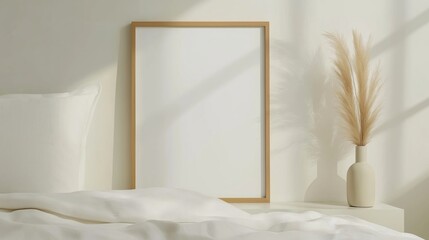 Minimalist bedroom decor with blank frame and pampas grass in sunlight