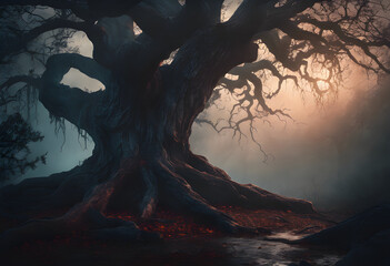 A large oak tree with a cracked trunk, inside the crack there was a dark shadow of a young woman's face, crying and echoing. The flashlight illuminated and saw bloody tears flowing from her eyes.