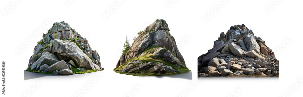 Poster Three isolated rocky hills with grassy patches and a single pine tree in the middle.