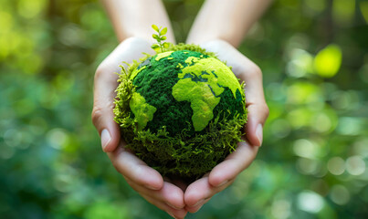 Hands holding Green Planet Earth made of moss on blurred forest background representing World Environment Day concept. Green Earth Day.