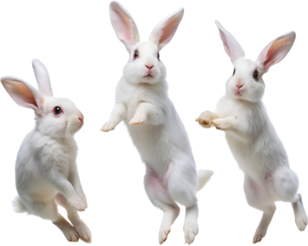 Three rabbits Different jumping poses on transparent background