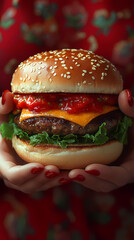 Delicious gourmet hamburger with meat, bacon, cheddar, tomato, lettuce, special sauce, onion and pickles ready to eat