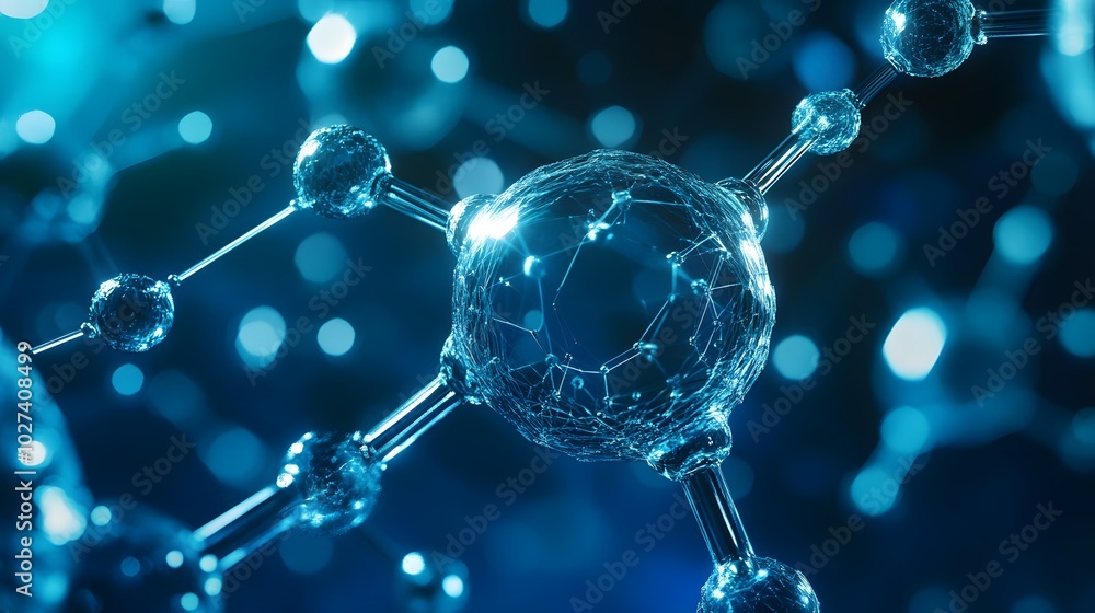Poster a blue and white image of a molecule. the molecule is made up of many small spheres, and the spheres