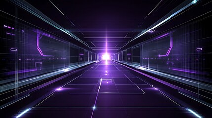 A futuristic, digital corridor with a bright light at the end.