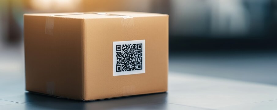 A brown cardboard box with a QR code placed on a blurred background.