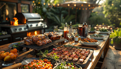 Fototapeta premium Close up of grilled meat and vegetables outdoor summer concept generated.AI